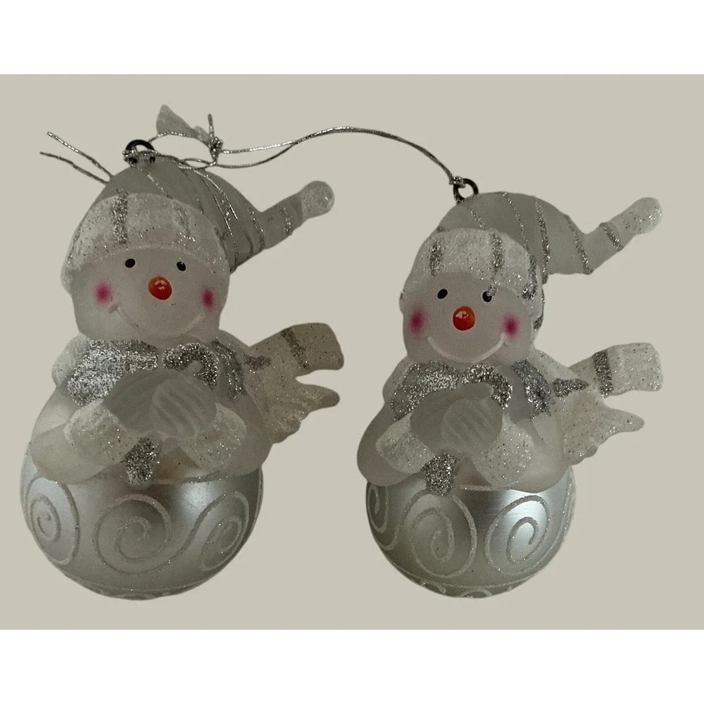 Snowman Christmas Ornaments Silver Glitter Frosted Winter Decor Set of 2